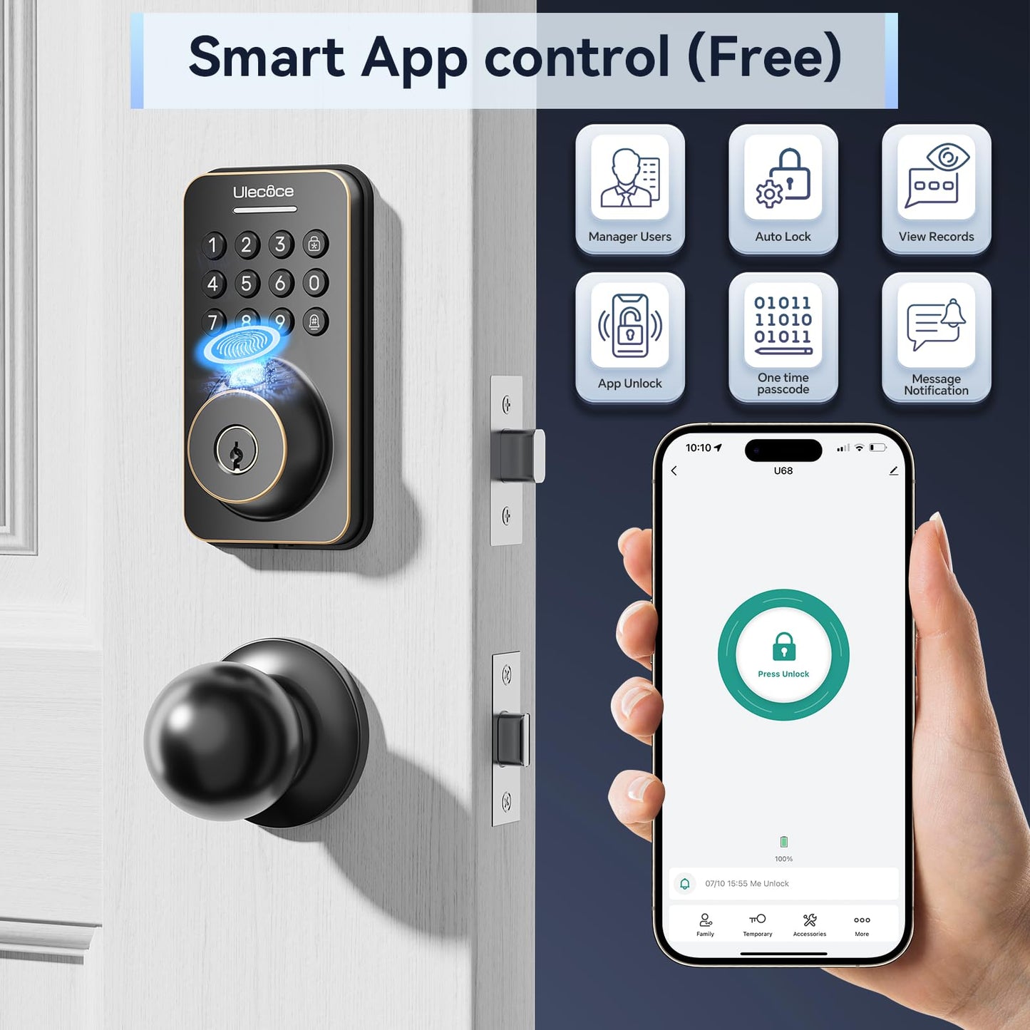 Cerradura de seguridad Ulecoce con teclado y manija, entrada sin llave, control por aplicación, cierre automático, fácil instalación, acabado en bronce aceitado.