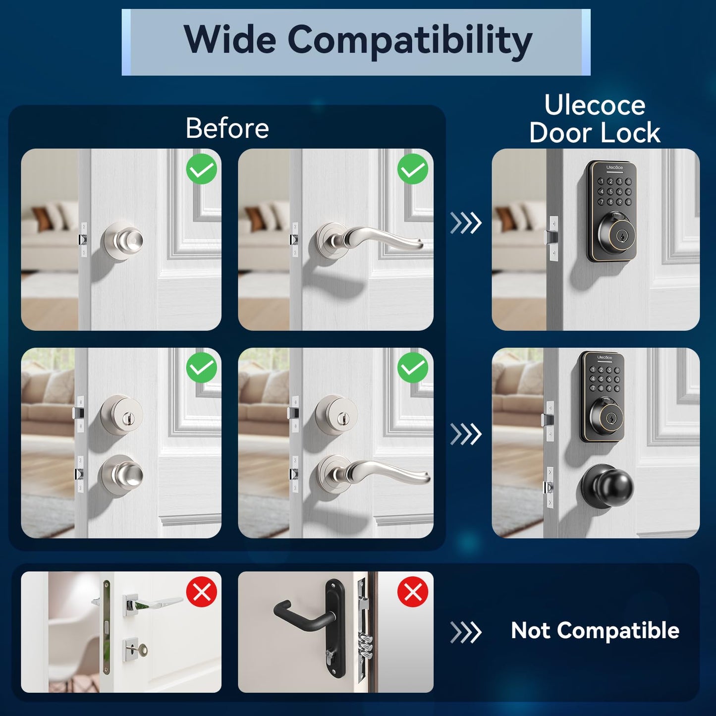 Cerradura de seguridad Ulecoce con teclado y manija, entrada sin llave, control por aplicación, cierre automático, fácil instalación, acabado en bronce aceitado.