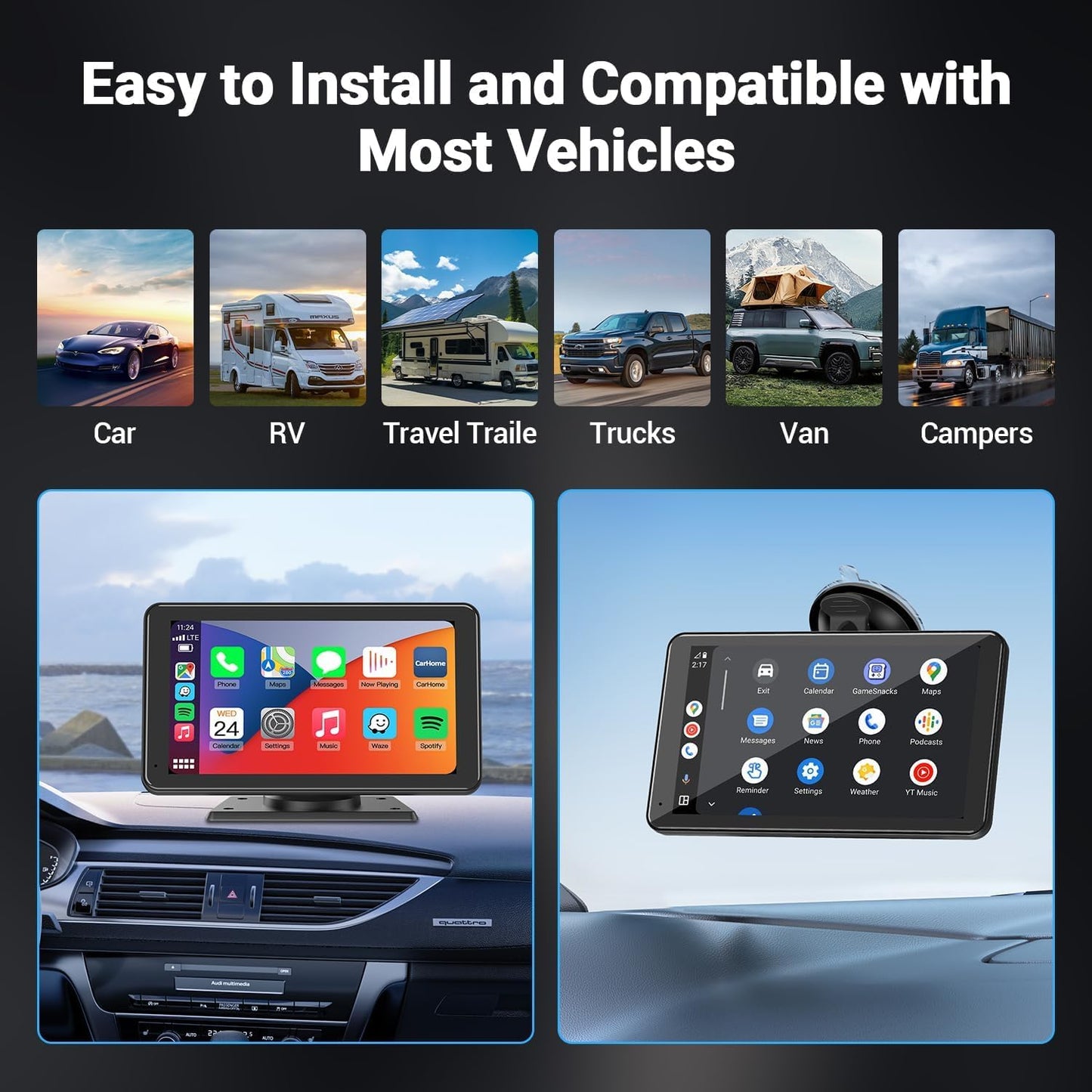 Estéreo para coche portátil inalámbrico con pantalla táctil de 7" con control por voz Bluetooth, compatible con Apple CarPlay y Android Auto. Incluye pantalla HD de 1080p, cámara de visión trasera, navegación GPS, etc.