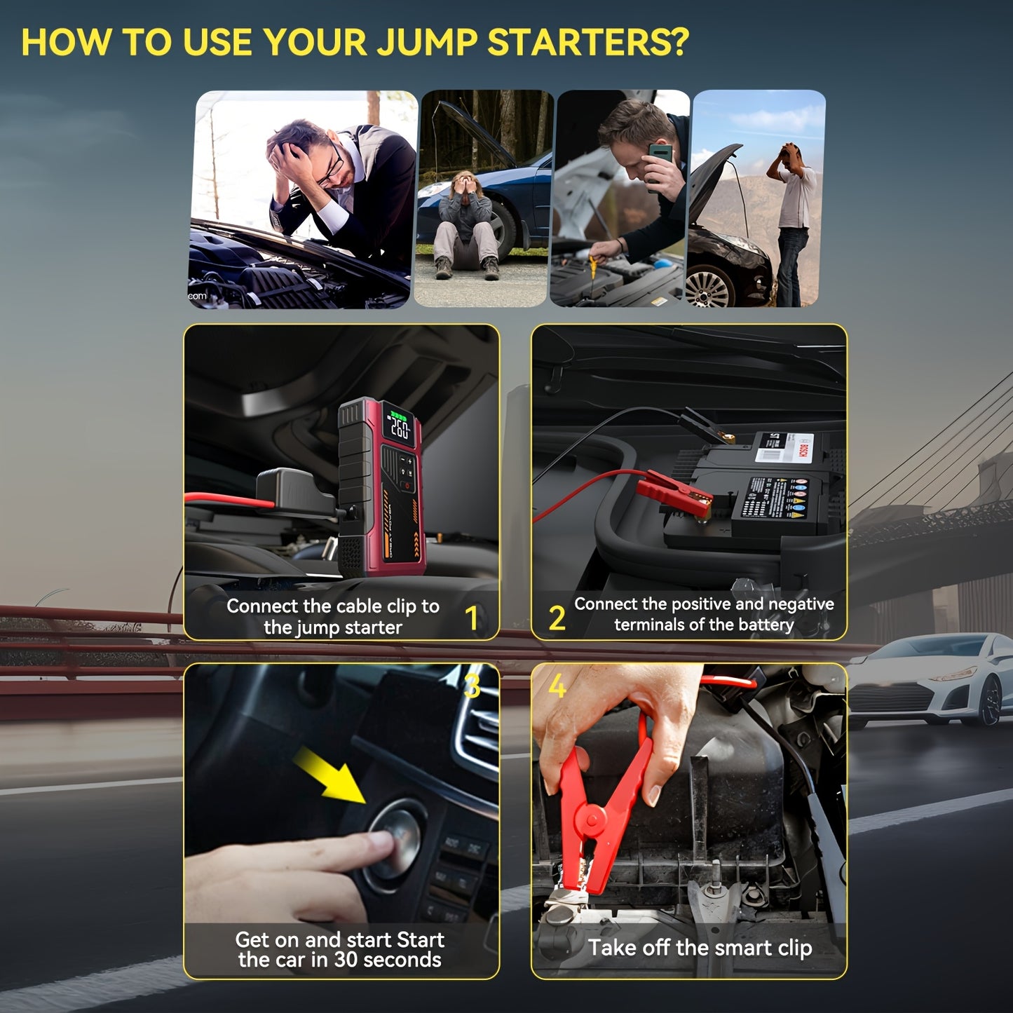 Arrancador de batería portátil inalámbrico de 4000 A con compresor de aire, cargador de batería portátil de 12 V (8,0 L de gas/1,72 galones de diésel), arranque rápido, entrada/salida USB, LED de emergencia, accesorios