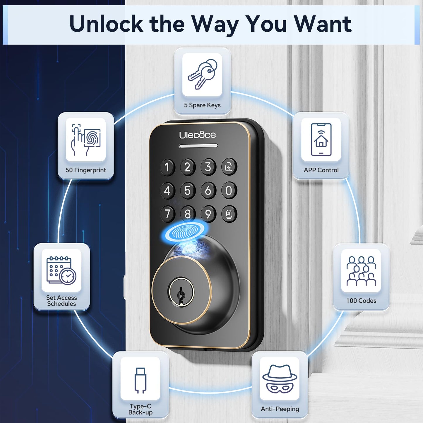 Cerradura de seguridad Ulecoce con teclado y manija, entrada sin llave, control por aplicación, cierre automático, fácil instalación, acabado en bronce aceitado.