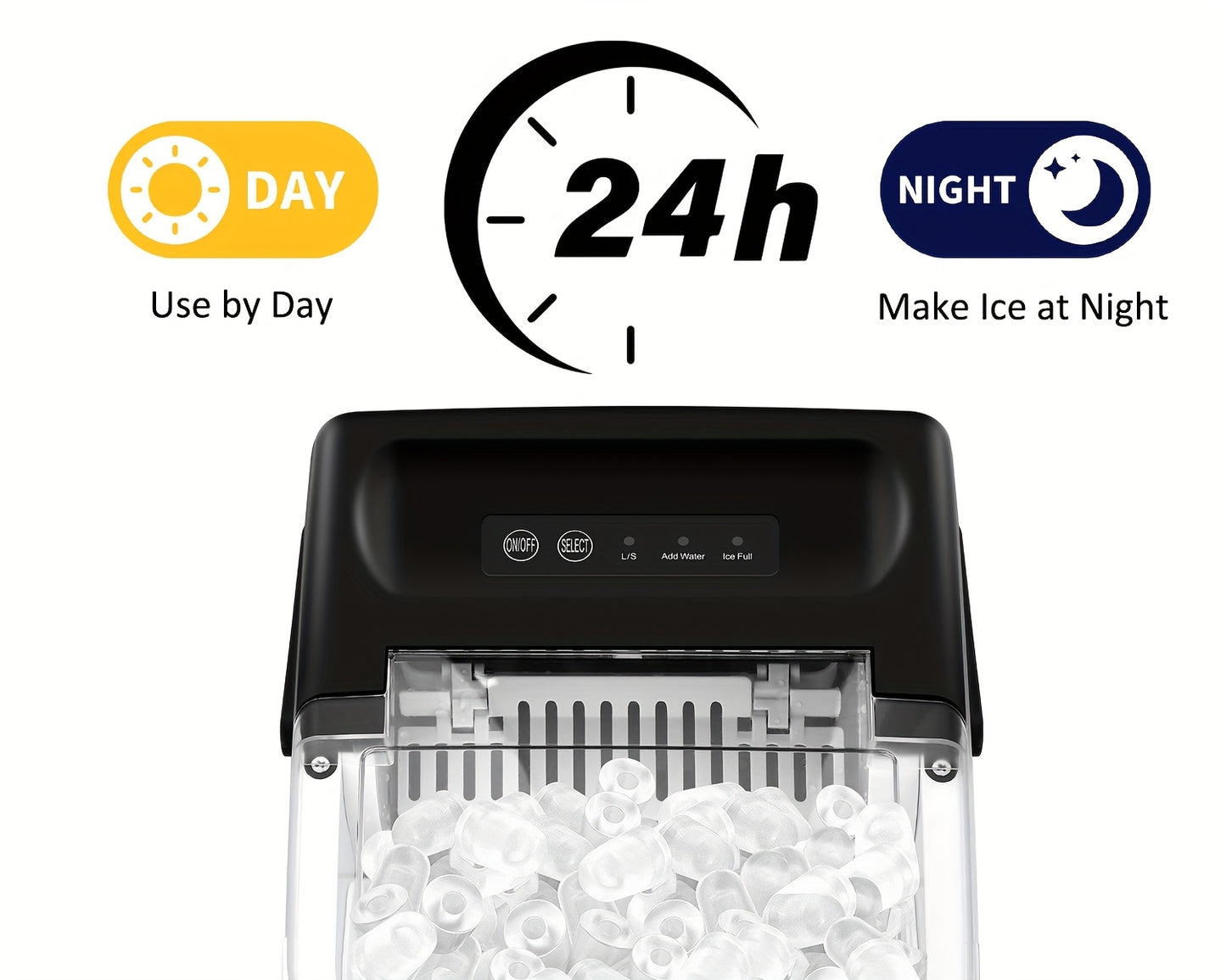 Máquina de hielo de mostrador con asa. Produce 11 kg de hielo en 24 horas y 9 cubitos de hielo en 6 minutos. Incluye canasta y pala para hielo.