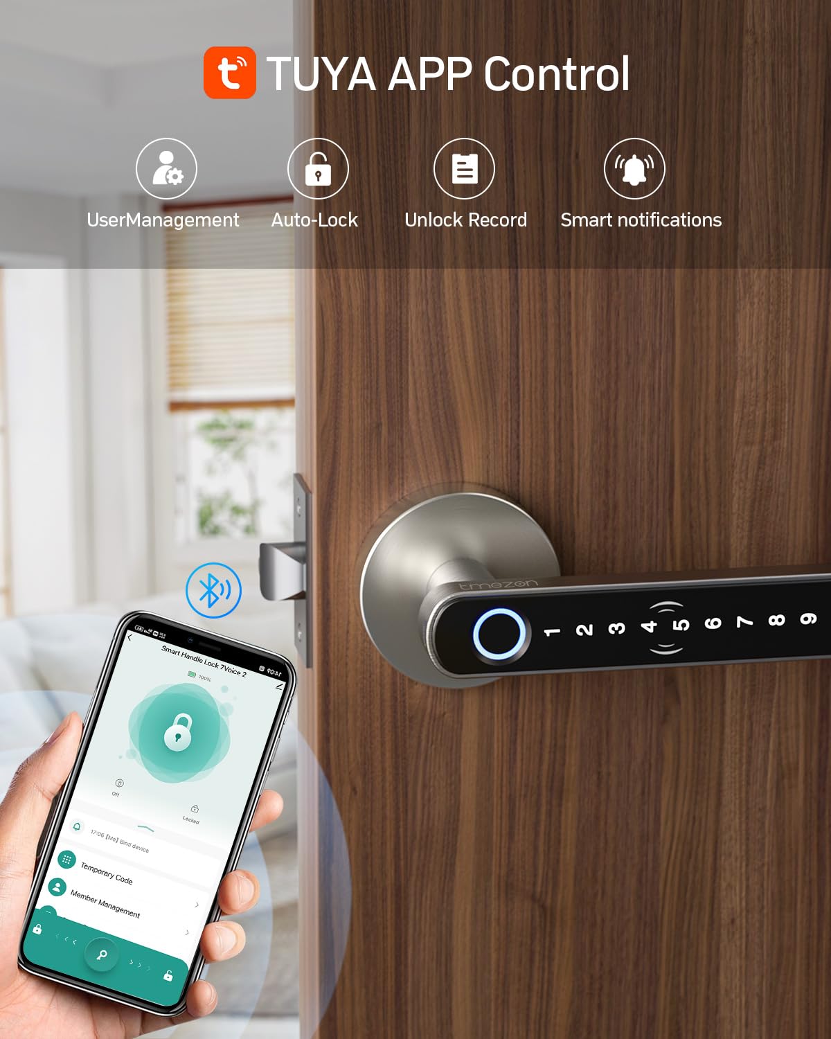 Cerradura inteligente TMEZON con lector de huellas dactilares, entrada sin llave, manija, compatible con APP/tarjetas/códigos/llaves/huellas dactilares. Cerradura electrónica biométrica sin llave para dormitorio, hogar, hotel u oficina.