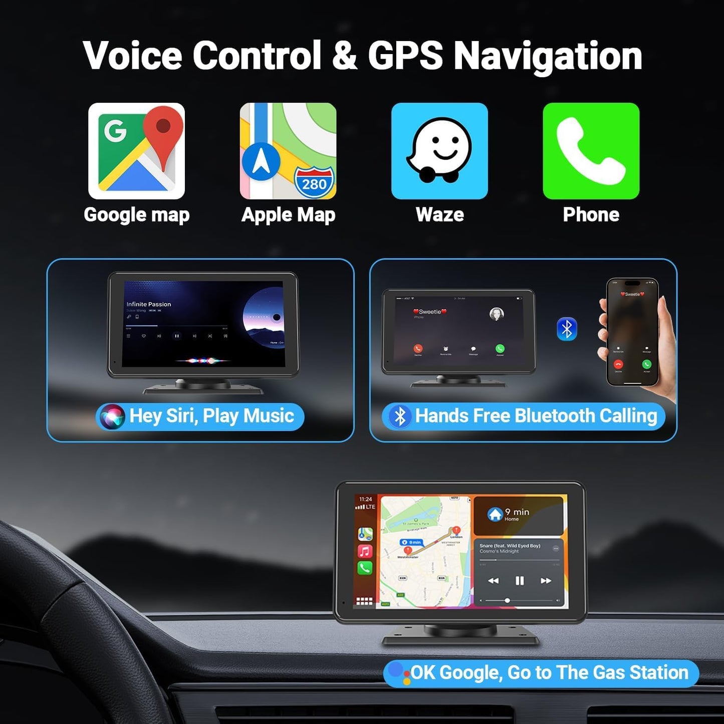 Estéreo para coche portátil inalámbrico con pantalla táctil de 7" con control por voz Bluetooth, compatible con Apple CarPlay y Android Auto. Incluye pantalla HD de 1080p, cámara de visión trasera, navegación GPS, etc.