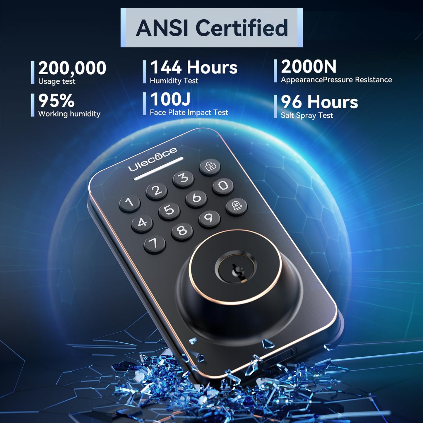 Cerradura de seguridad Ulecoce con teclado y manija, entrada sin llave, control por aplicación, cierre automático, fácil instalación, acabado en bronce aceitado.