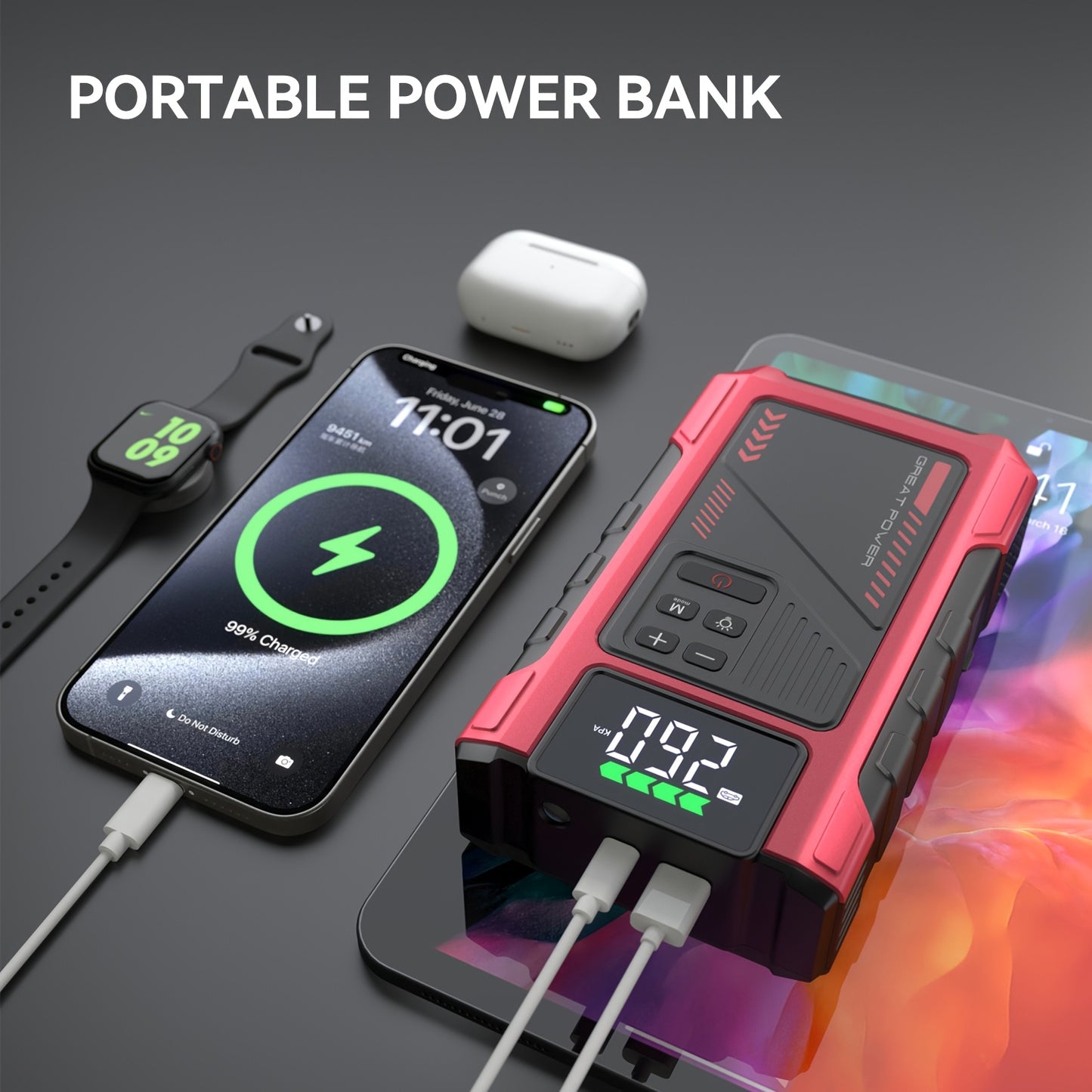 Arrancador de batería portátil inalámbrico de 4000 A con compresor de aire, cargador de batería portátil de 12 V (8,0 L de gas/1,72 galones de diésel), arranque rápido, entrada/salida USB, LED de emergencia, accesorios