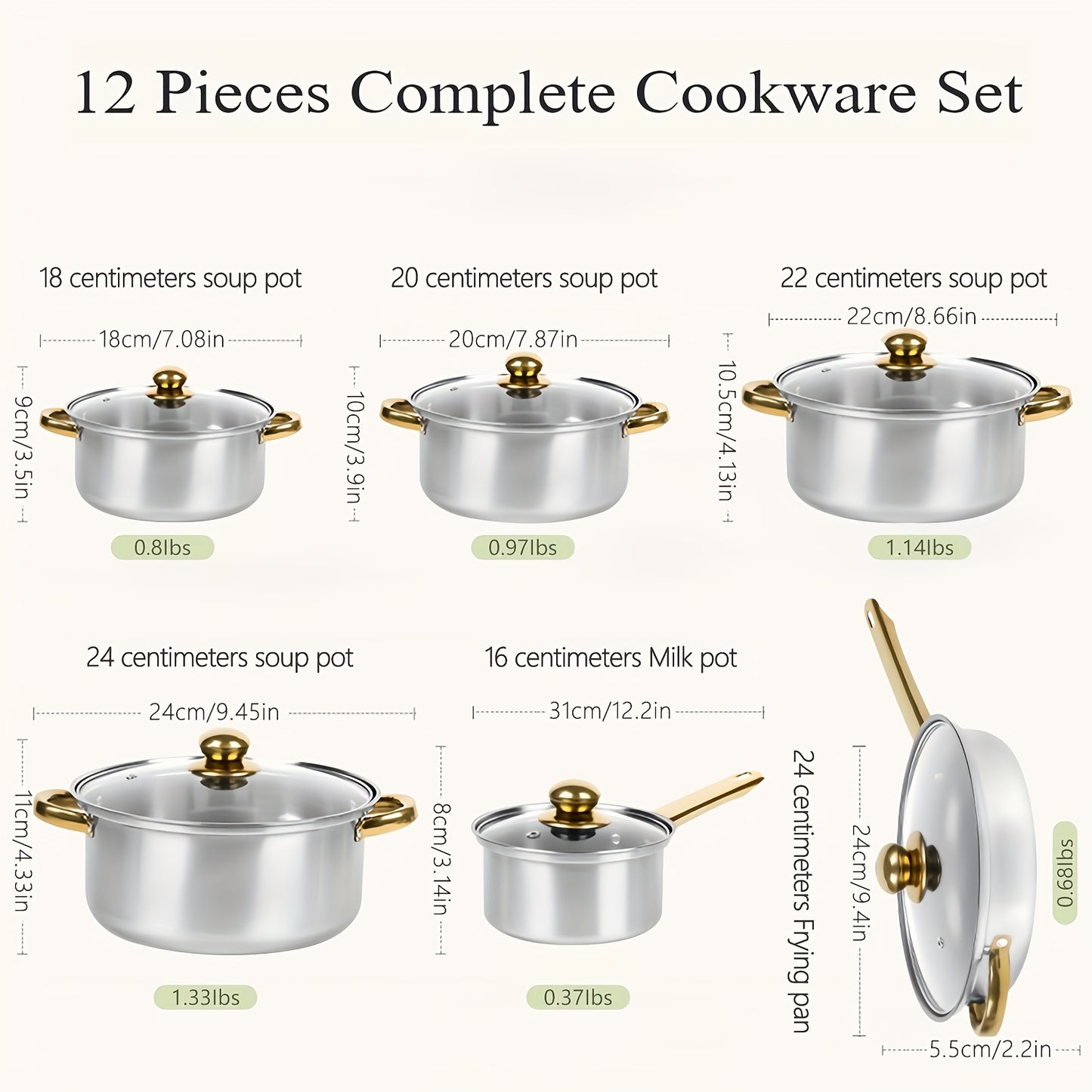 set de 12 ollas de acero inoxidable con tapa de vidrio y mango de acero inoxidable 16/ 18/20/22/24 cm.