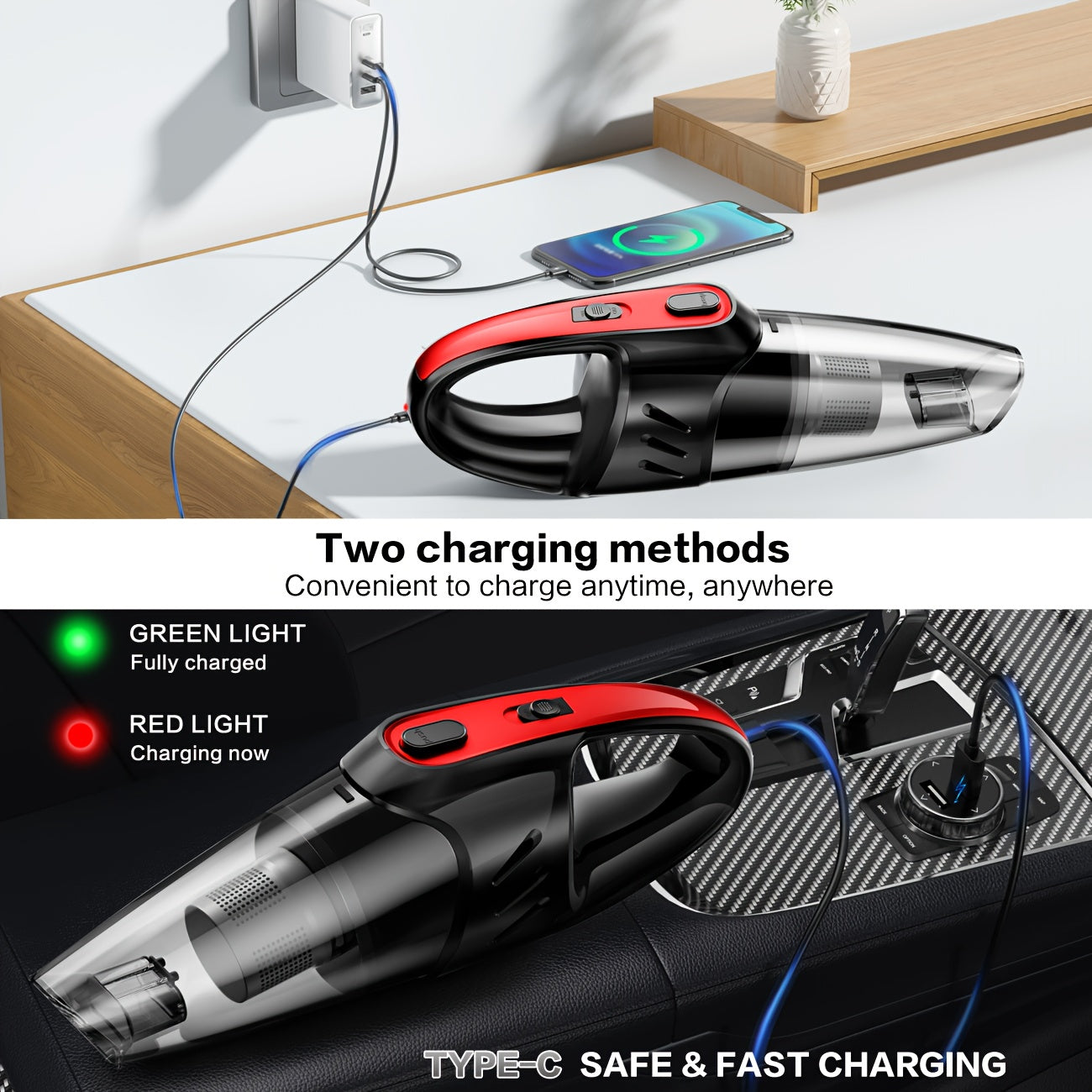 Aspiradora de mano para coche, silenciosa, con 5 accesorios, ideal para limpieza interior, hogar, mascotas, accesorios para coche, regalos.