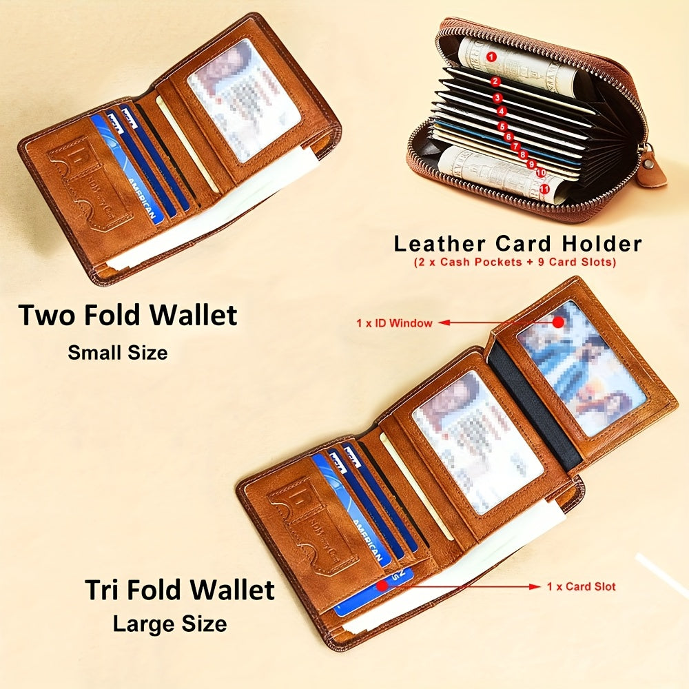 [Cartera de cuero RFID] Regalos para el Día del Padre para hombres, billeteras triples de cuero genuino con bloqueo RFID para hombre, tarjetero multifunción vintage de piel de vacuno de primera capa, pinzas para billetes co