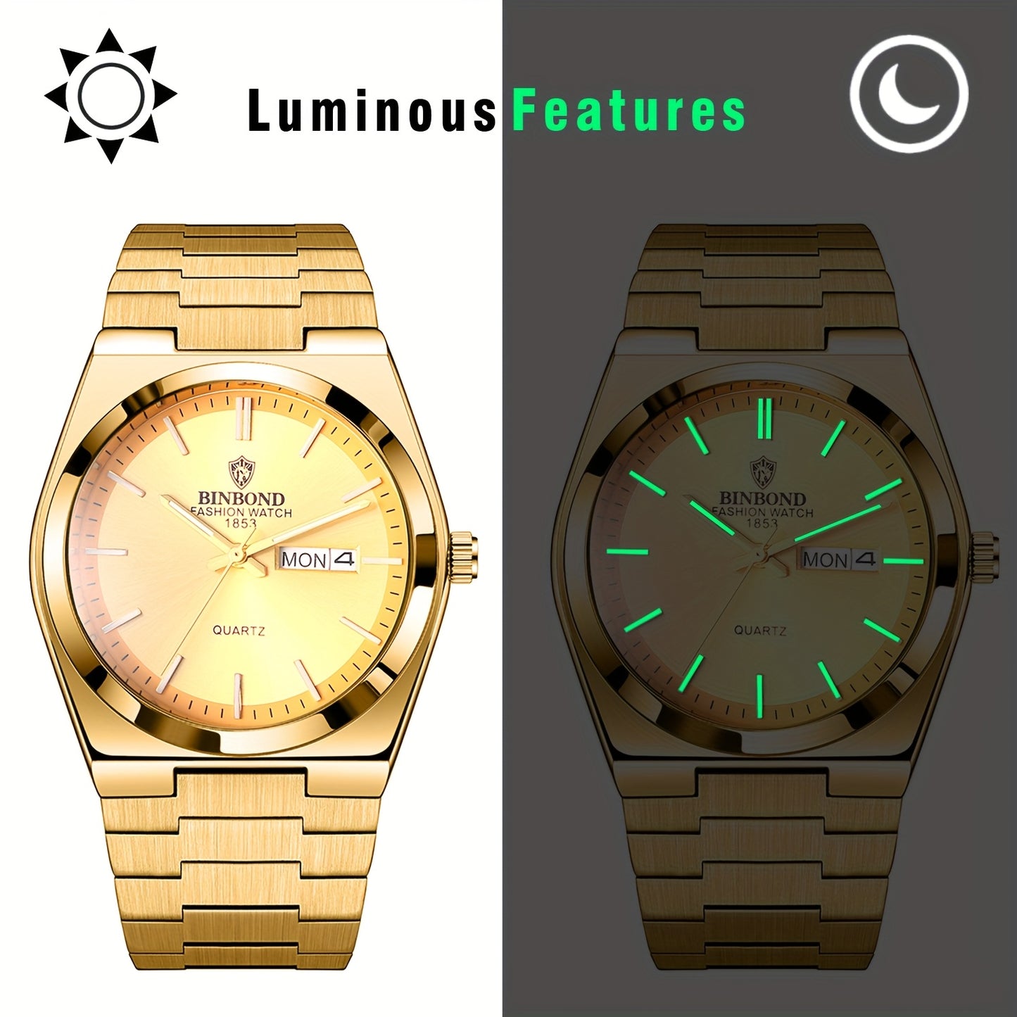 Reloj de acero inoxidable de lujo para hombre con esfera luminosa verde turquesa, indicador de semana/fecha/día/segundero, movimiento de cuarzo, correa sólida - Reloj de vestir profesional para negocios, viajes, buceo (-) -