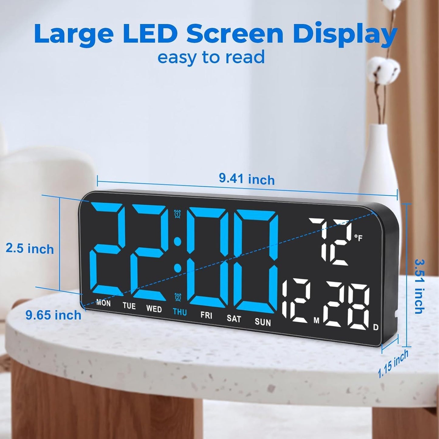 Reloj despertador digital LED extragrande con pantalla extragrande, atenuador automático y control remoto. Reloj moderno grande con temperatura, fecha, semana, temporizador/cuenta regresiva, modo 12/24 h, pantalla LED fácil