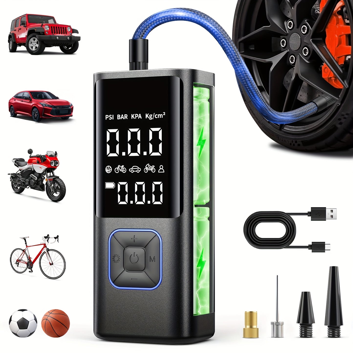 Inflador de neumáticos inalámbrico: compresor de aire inalámbrico con indicador digital y luz LED, recargable por USB, inflado dos veces más rápido para SUV, coches, bicicletas, motocicletas, equipos deportivos y balones