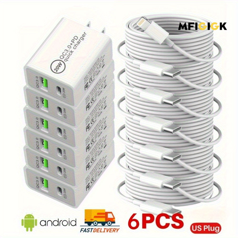 El almacén local de MFIGlGK es súper rápido Juego de cargadores MFi de 6 piezas para iPhone QC3.0 + PD - Cargador de pared súper rápido con cable USB-C MFIGlGK - Carga rápida para iPhone 14 13 11 12 Pro Max Mini Cable d