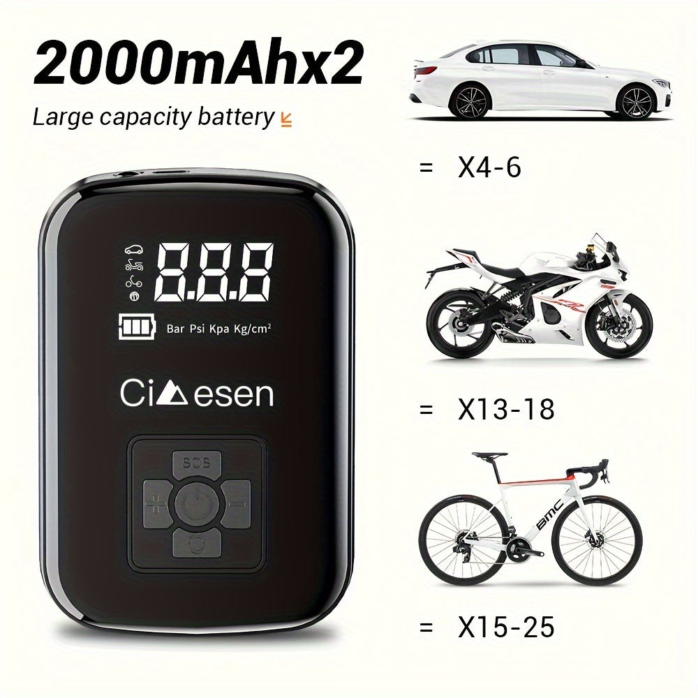 Inflador de neumáticos portátil con pantalla digital, compresor de aire inalámbrico rápido, recargable por USB, adaptador de boquilla multifunción, batería de litio de larga duración para neumáticos y balones de coche