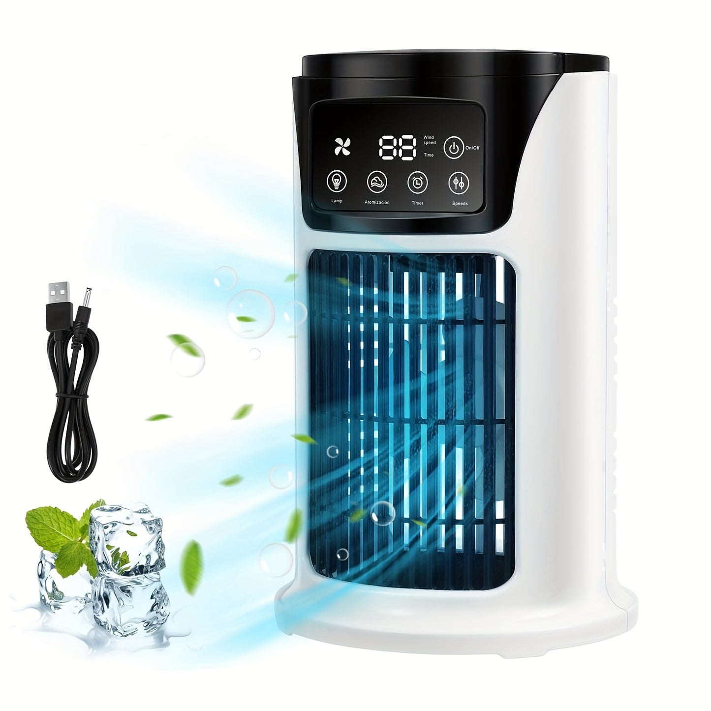 Aire acondicionado portátil 3 en 1, humidificador y ventilador con luz ambiental. Alimentación por USB para uso en interiores y exteriores. Diseño compacto para oficina y hogar. Elegante humidificador portátil en blanco y