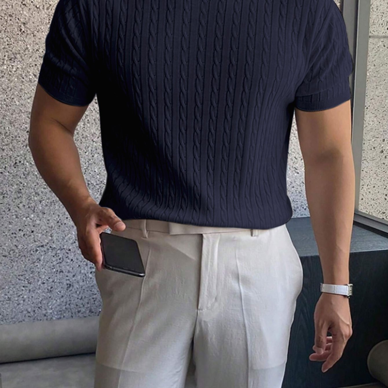 Suéter de punto trenzado con cuello redondo para hombre, manga corta y cuello acanalado