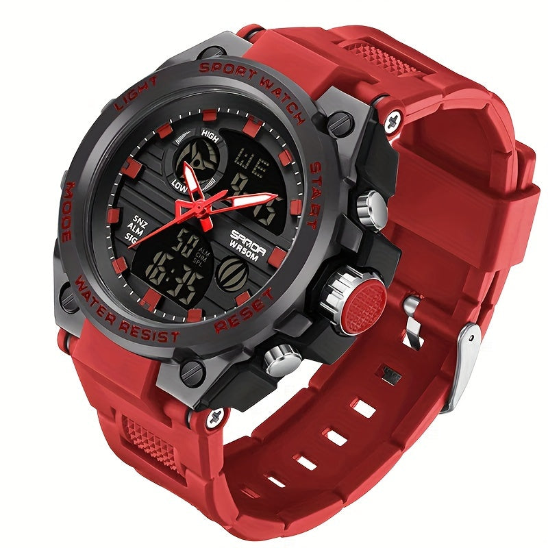 Reloj deportivo LED digital y analógico resistente para hombre (hasta 30 m, cronómetro, pantalla dual, correa de resina negra duradera, caja de aleación de zinc, para aventuras al aire libre).