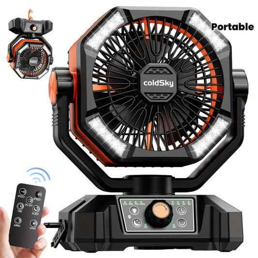 Ventilador de camping portátil con batería de 20000 mAh, motor doble, 8 velocidades, control remoto y 4 linternas LED. Ideal para exteriores, ideal para tiendas de campaña, cortes de luz y obras.