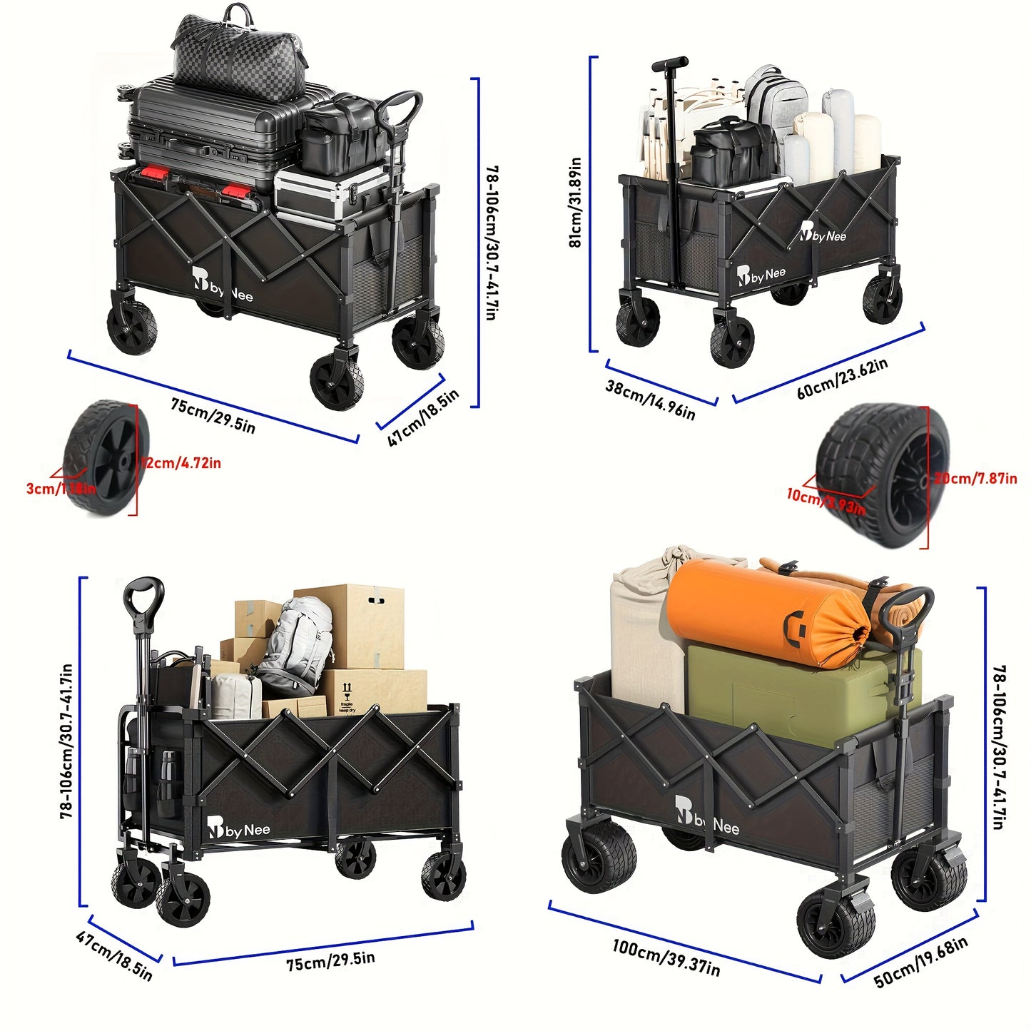 Carrito de camping de gran capacidad de 330 a 650 libras, carrito de mano plegable todoterreno, vehículo portátil multifuncional para camping, jardinería y compras en la playa, estante de almacenamiento de herramientas de