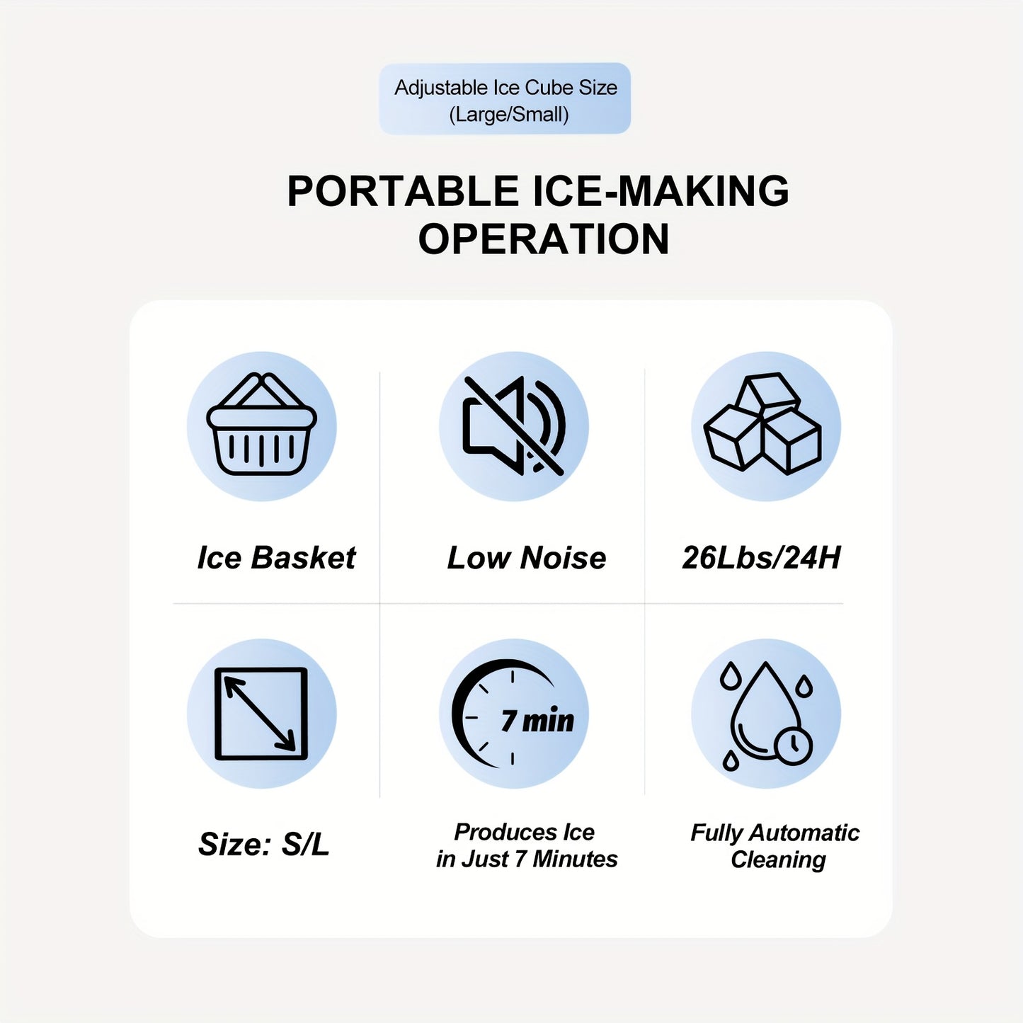 Máquina de hielo de mostrador con asa. Produce 11 kg de hielo en 24 horas y 9 cubitos de hielo en 6 minutos. Incluye canasta y pala para hielo.