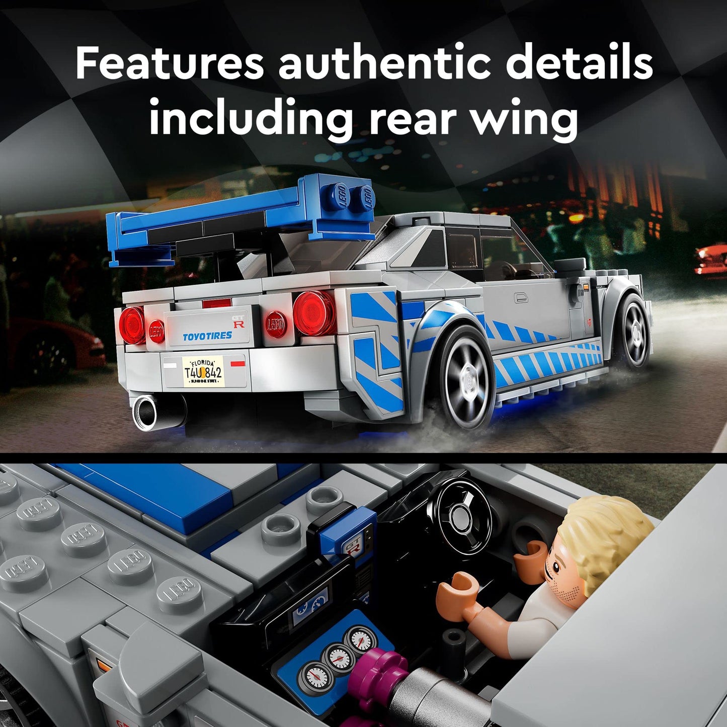 LEGO Speed Champions 2 Fast 2 Furious Nissan Skyline GT-R (R34), Kit de construcción de modelo de coche de carreras, Coleccionable con minifigura de piloto, Set 2023 para niños y niñas de 9 años en adelante 76917