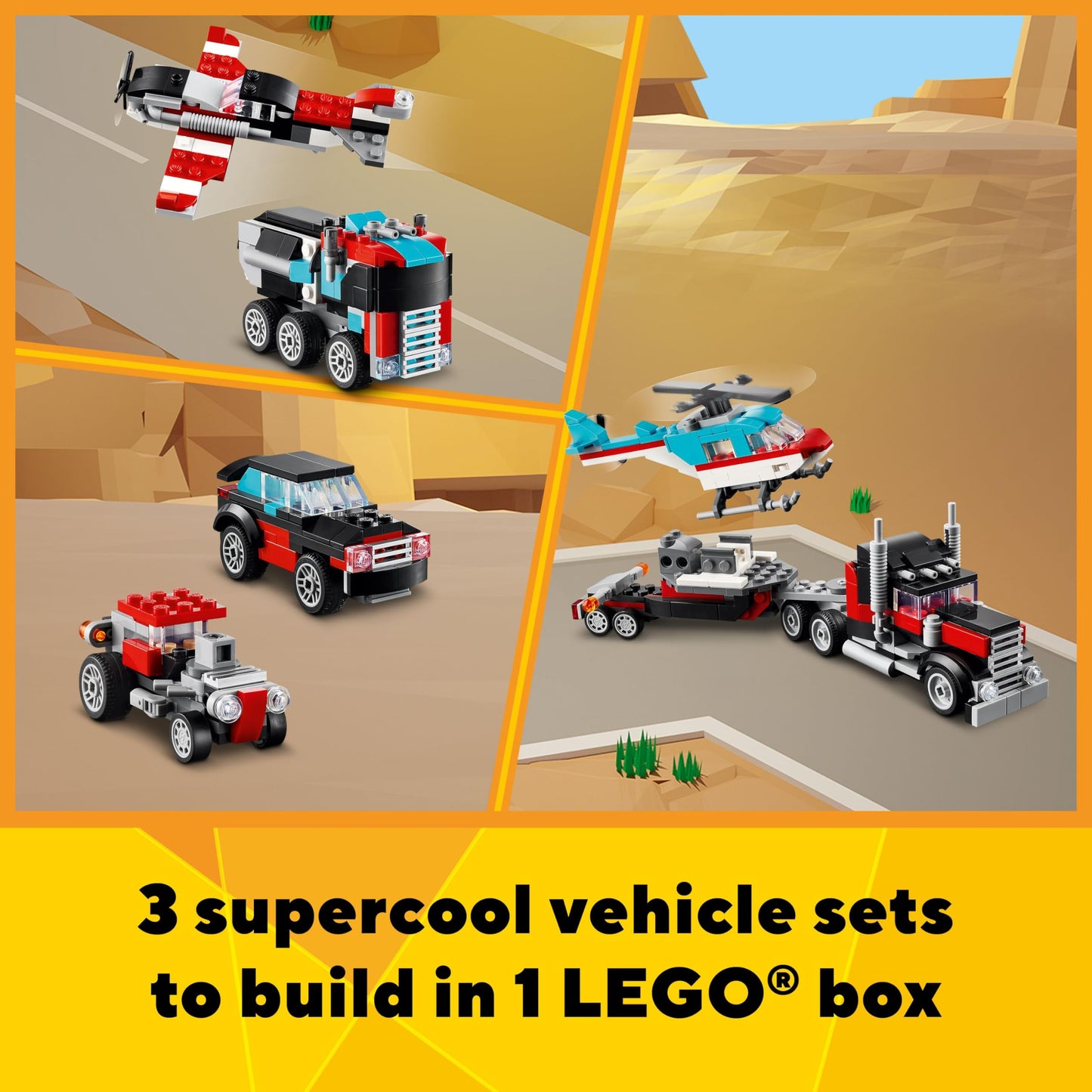 LEGO Creator 3 en 1 Camión plataforma con helicóptero de juguete. Se transforma de camión plataforma a avión de hélice, coche deportivo y todoterreno. Ideal para regalar a niños y niñas a partir de 7 años. 31146