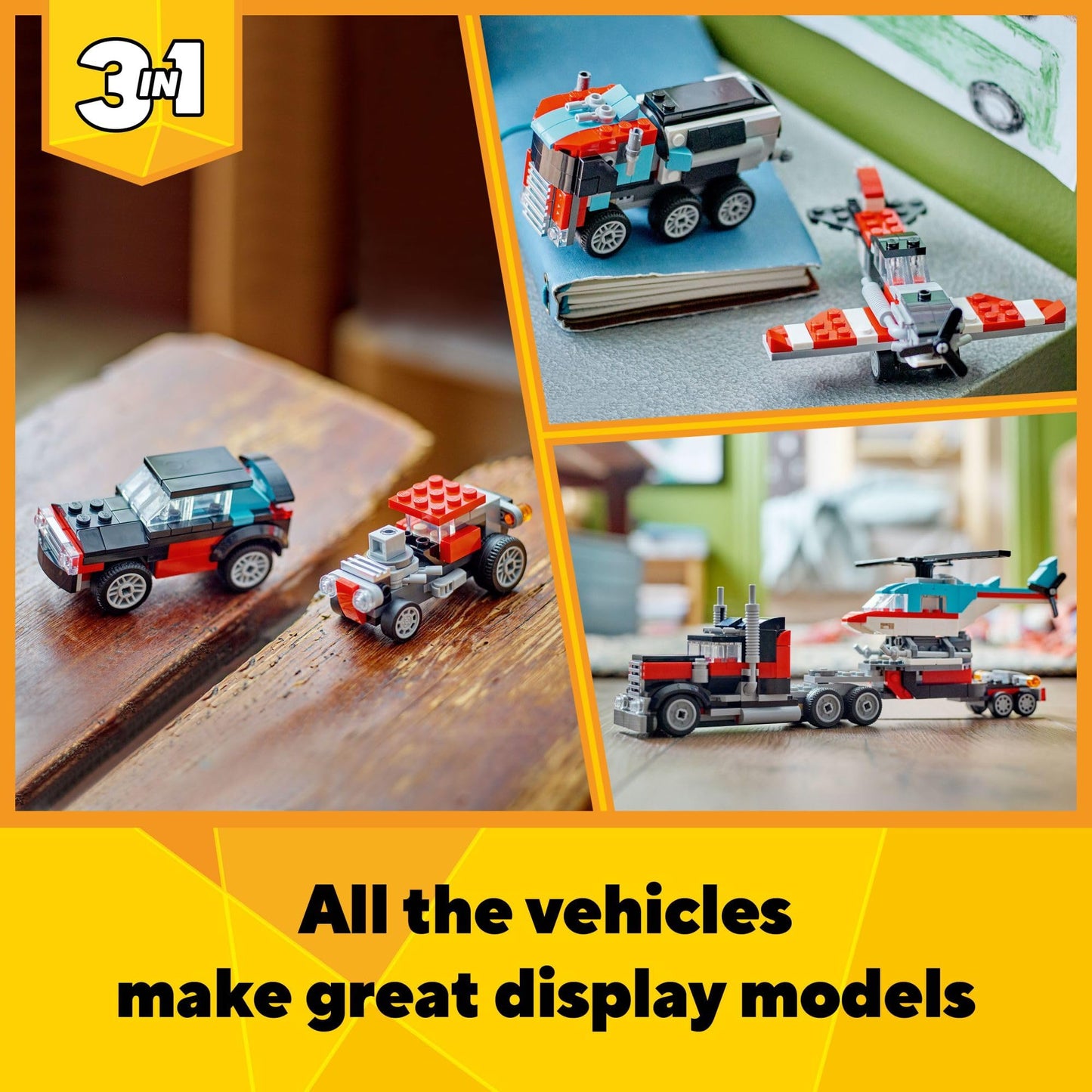 LEGO Creator 3 en 1 Camión plataforma con helicóptero de juguete. Se transforma de camión plataforma a avión de hélice, coche deportivo y todoterreno. Ideal para regalar a niños y niñas a partir de 7 años. 31146