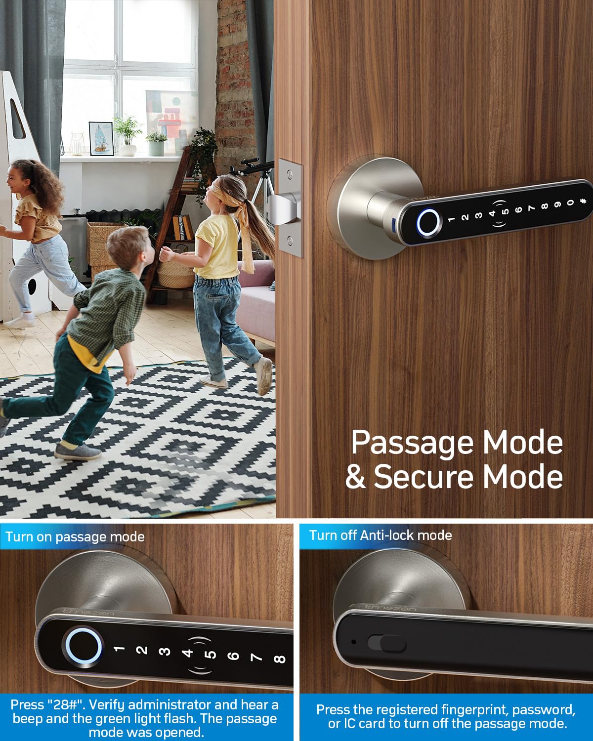 Cerradura inteligente TMEZON con lector de huellas dactilares, entrada sin llave, manija, compatible con APP/tarjetas/códigos/llaves/huellas dactilares. Cerradura electrónica biométrica sin llave para dormitorio, hogar, hotel u oficina.