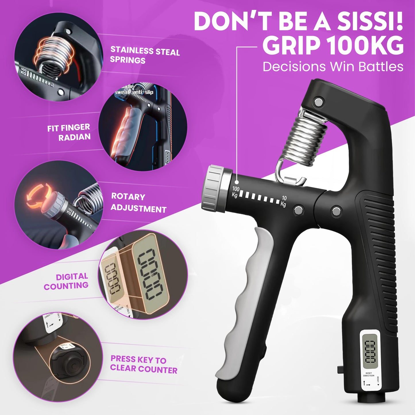 Fortalecedor de agarre manual, paquete de 7 unidades, resistencia ajustable de 10 a 100 kg (22-220 lb), ejercitador de antebrazo, entrenador de fuerza de agarre para el desarrollo muscular y la recuperación de lesiones, manos aeróbicas (paquete de 7).