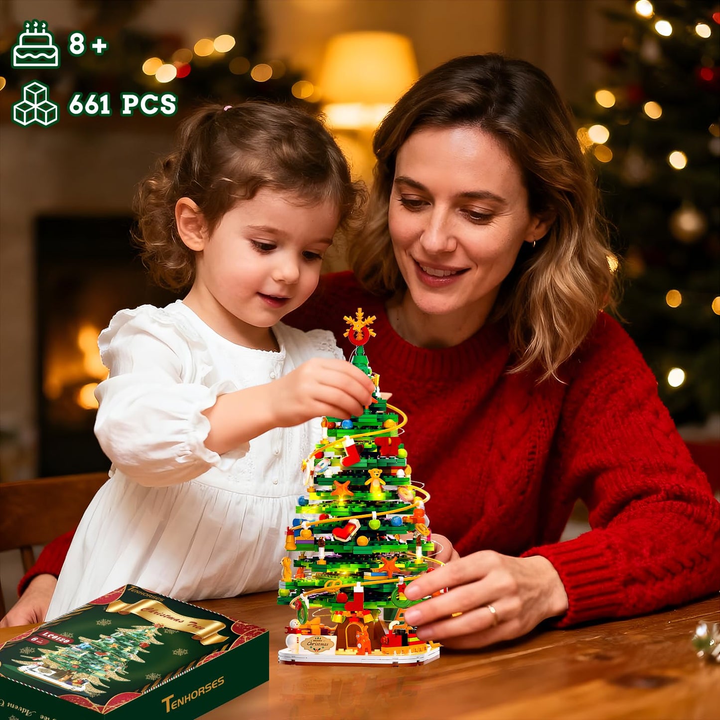 Set de construcción de árbol de Navidad con kit de luces, juguete de construcción compatible con sets navideños, decoración navideña para niños de 8 a 14 años, regalo ideal para niños, niñas y adultos (661 piezas).