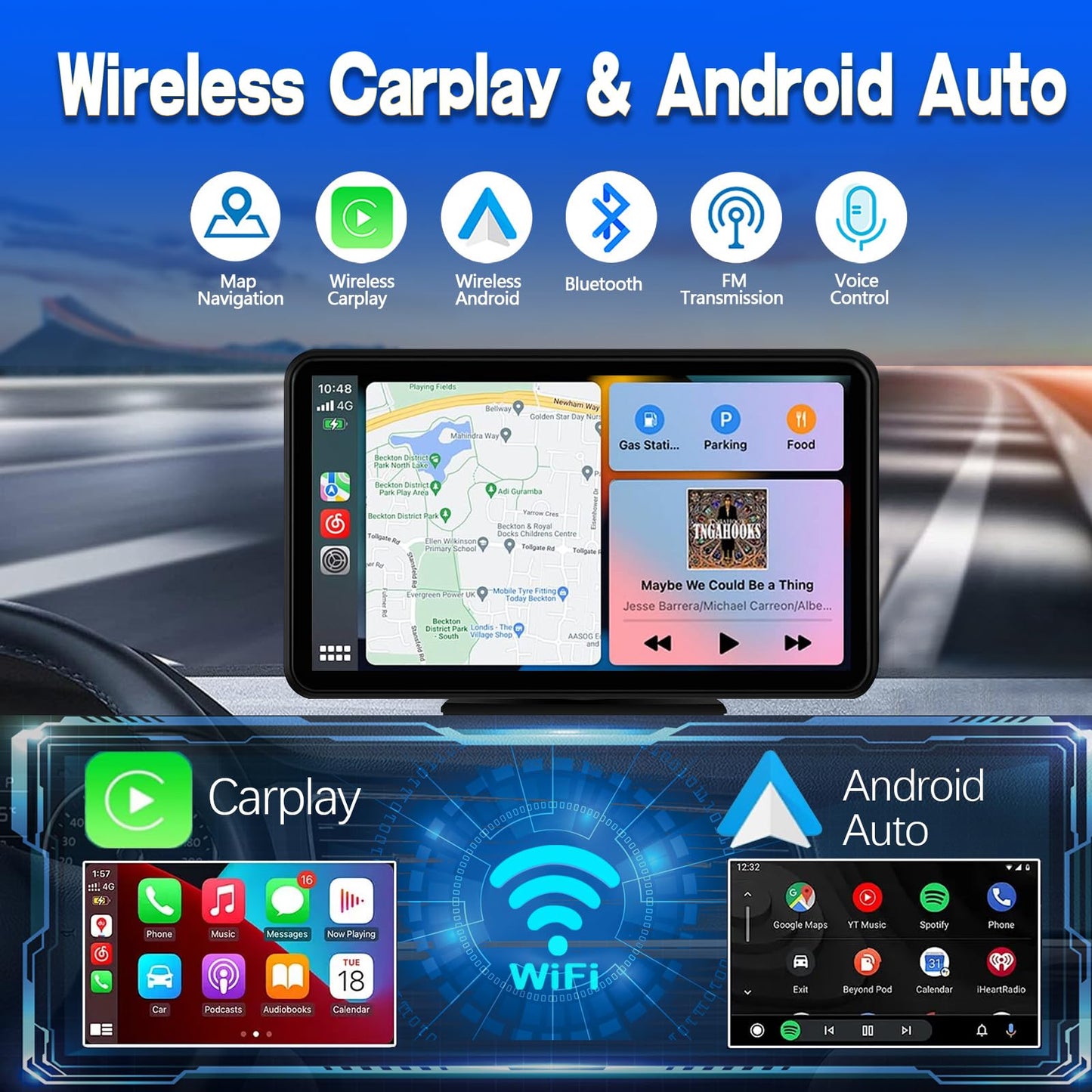 Estéreo para coche portátil inalámbrico con pantalla táctil de 7" con control por voz Bluetooth, compatible con Apple CarPlay y Android Auto. Incluye pantalla HD de 1080p, cámara de visión trasera, navegación GPS, etc.