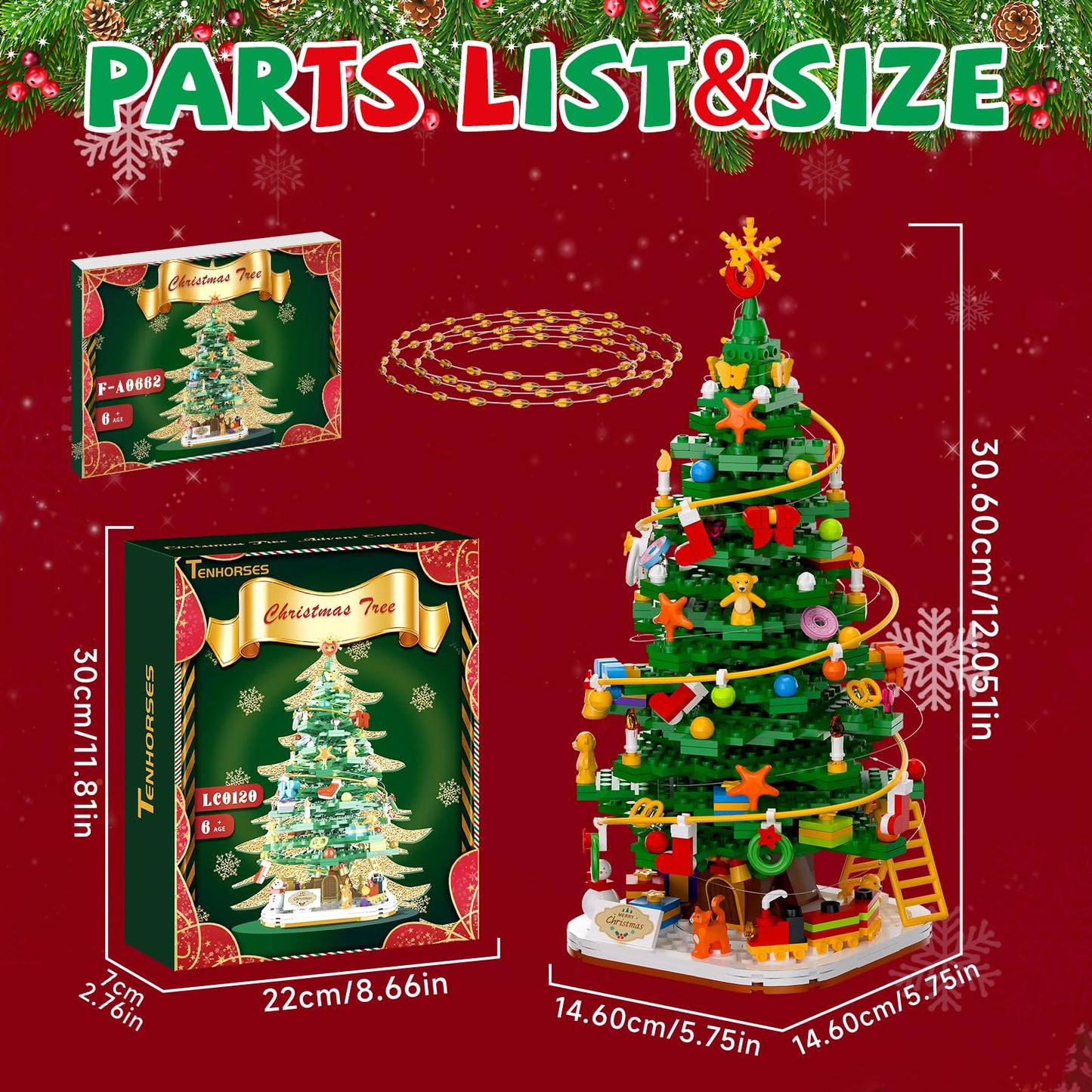 Set de construcción de árbol de Navidad con kit de luces, juguete de construcción compatible con sets navideños, decoración navideña para niños de 8 a 14 años, regalo ideal para niños, niñas y adultos (661 piezas).