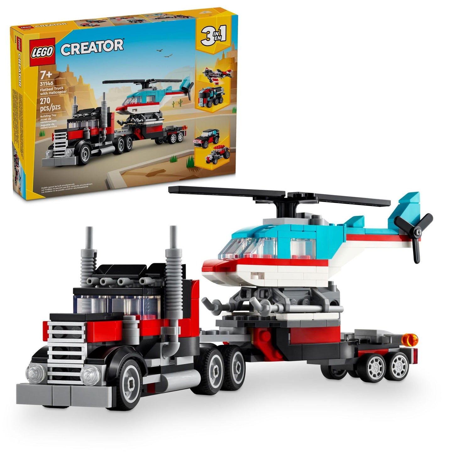 LEGO Creator 3 en 1 Camión plataforma con helicóptero de juguete. Se transforma de camión plataforma a avión de hélice, coche deportivo y todoterreno. Ideal para regalar a niños y niñas a partir de 7 años. 31146