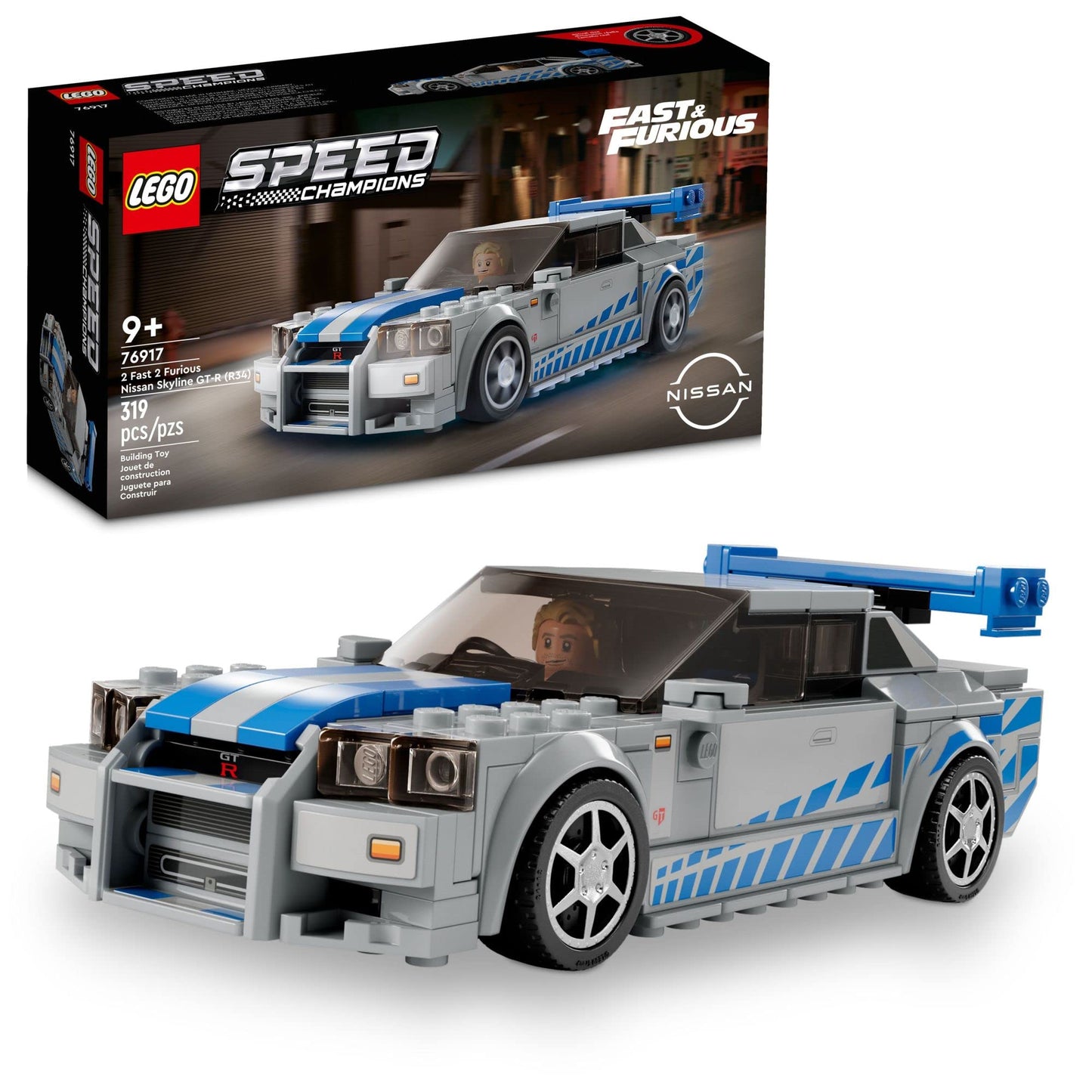 LEGO Speed Champions 2 Fast 2 Furious Nissan Skyline GT-R (R34), Kit de construcción de modelo de coche de carreras, Coleccionable con minifigura de piloto, Set 2023 para niños y niñas de 9 años en adelante 76917