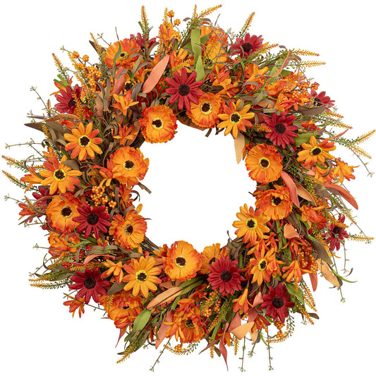 Corona artificial de otoño J'FLORU de 56 cm (22 pulgadas) para puerta de entrada. Corona de margaritas naranjas con flores silvestres y bayas para interiores y exteriores.