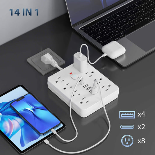 Regleta de enchufes 14 en 1 resistente con 8 tomas de CA, 4 puertos USB-A y 2 puertos USB-C, interruptores inteligentes (encendido/apagado) e indicador, cable alargador compacto con enchufe plano para el hogar, la oficina y l