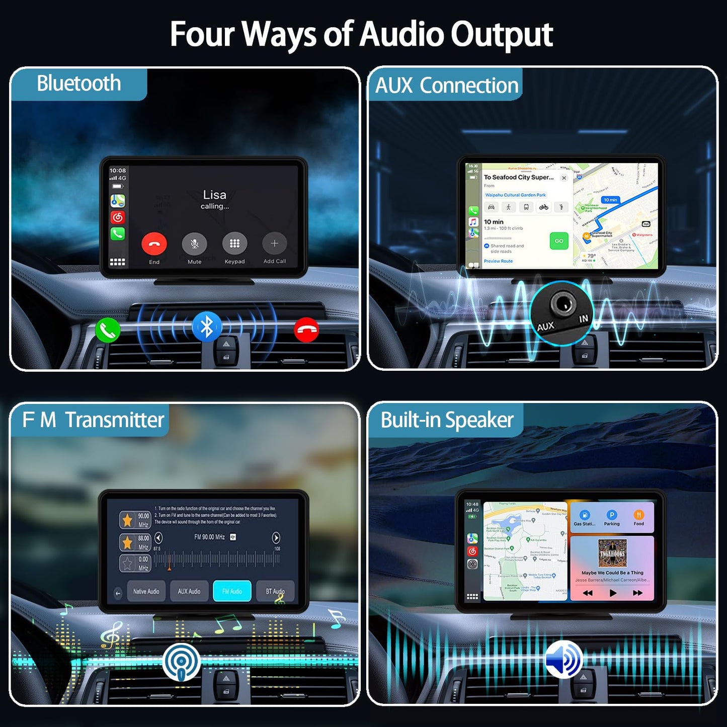 Estéreo para coche portátil inalámbrico con pantalla táctil de 7" con control por voz Bluetooth, compatible con Apple CarPlay y Android Auto. Incluye pantalla HD de 1080p, cámara de visión trasera, navegación GPS, etc.