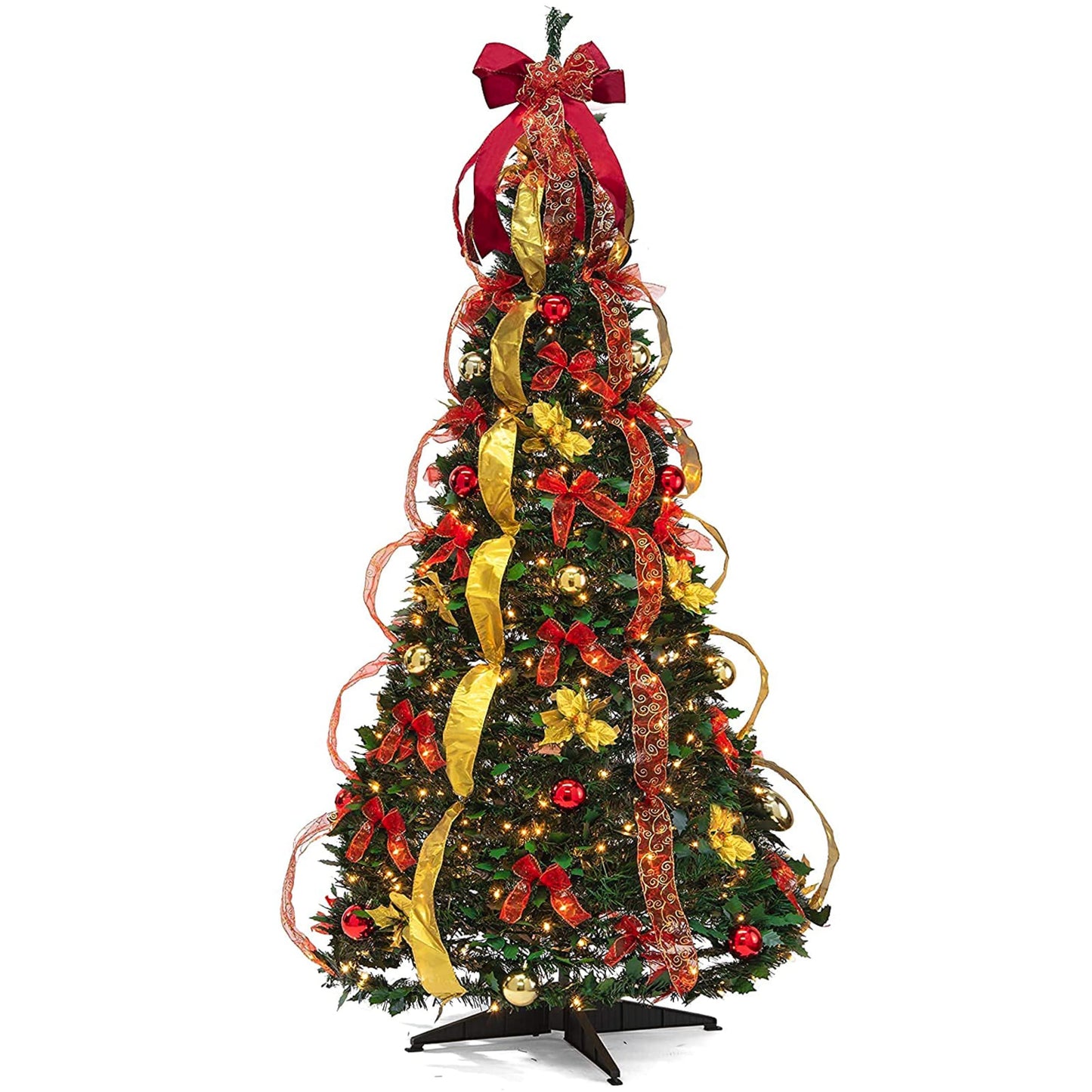 Árbol de Navidad PREXTEX de 1,8 m (6 pies) totalmente decorado, dorado y rojo, plegable, con 350 luces cálidas, lazos, adornos, hojas de acebo y más.