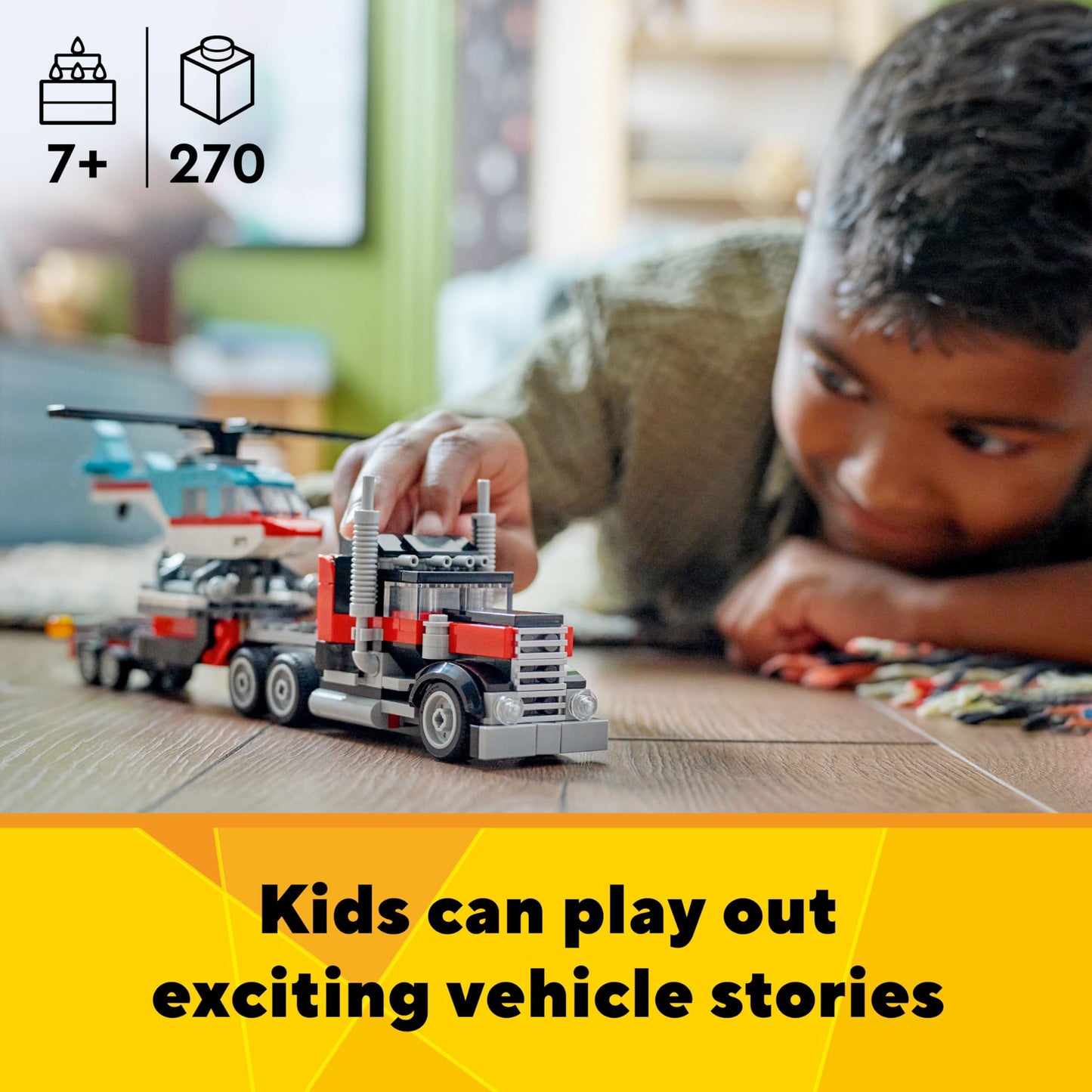 LEGO Creator 3 en 1 Camión plataforma con helicóptero de juguete. Se transforma de camión plataforma a avión de hélice, coche deportivo y todoterreno. Ideal para regalar a niños y niñas a partir de 7 años. 31146