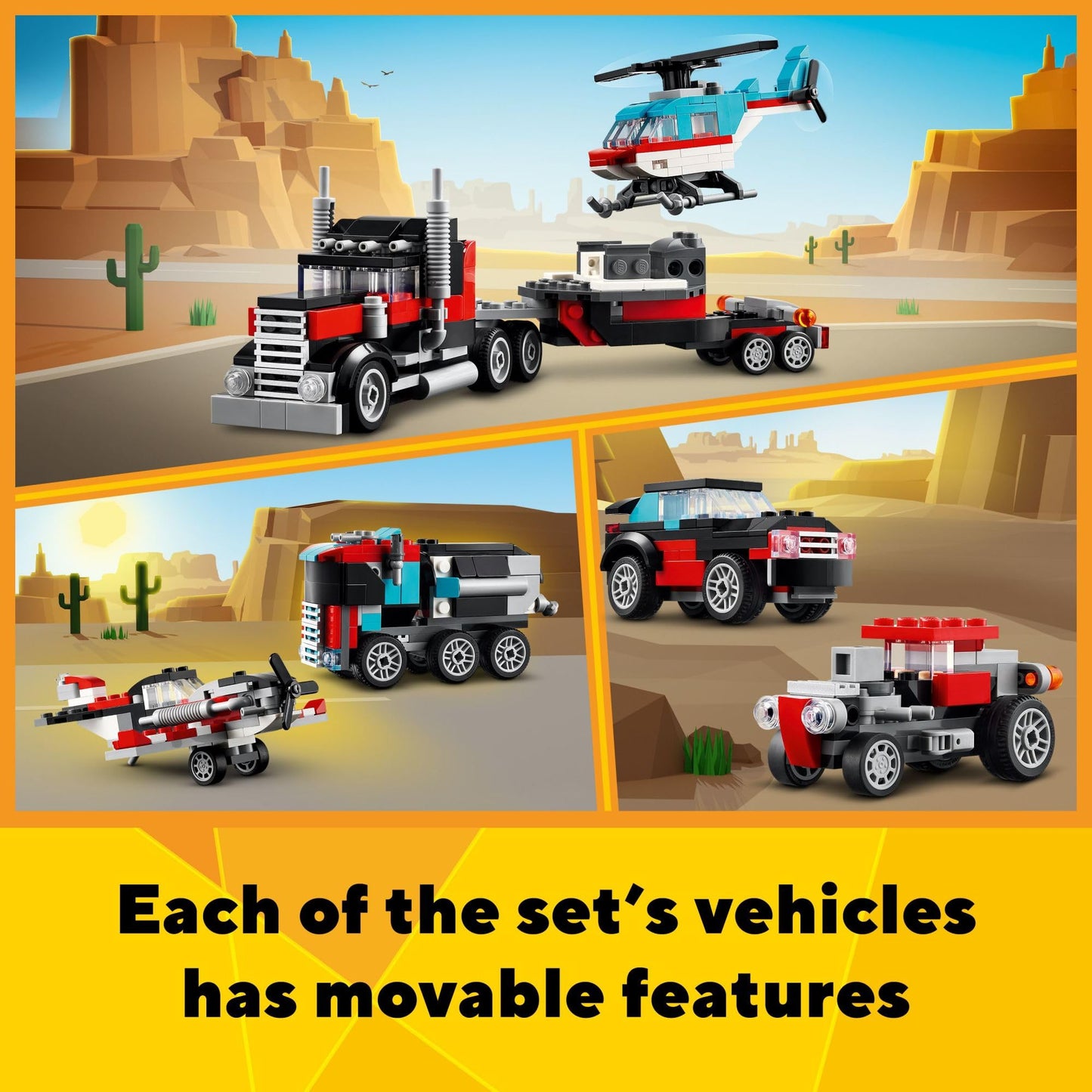 LEGO Creator 3 en 1 Camión plataforma con helicóptero de juguete. Se transforma de camión plataforma a avión de hélice, coche deportivo y todoterreno. Ideal para regalar a niños y niñas a partir de 7 años. 31146