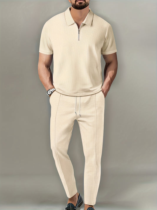 Conjunto de traje de color liso para hombre, con solapa de gofre, manga corta y pantalón largo con cremallera: la mejor opción para ropa informal.
