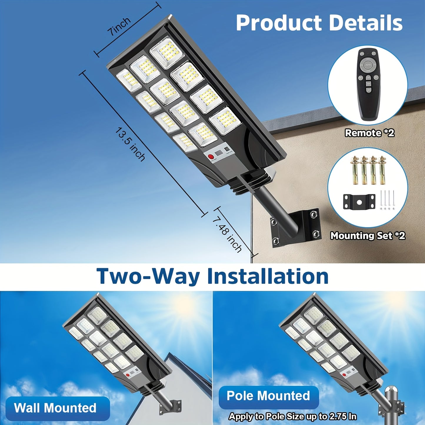 Farola solar para exteriores (paquete de 4 o 2 unidades), 400 LED, sensor impermeable de 6500 K, luz solar con control remoto, iluminación nocturna para estacionamientos comerciales, atenuación gradual.