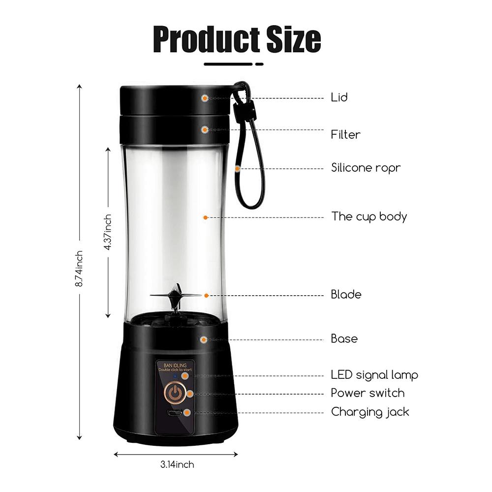 Licuadora portátil recargable de 12.85 oz, mini licuadora de jugos eléctrica USB de 1200 mAH, adecuada para batidos y licuados, jugo, 380 ml, seis cuchillas, perfecta para mezclar, rosa, negro, morado