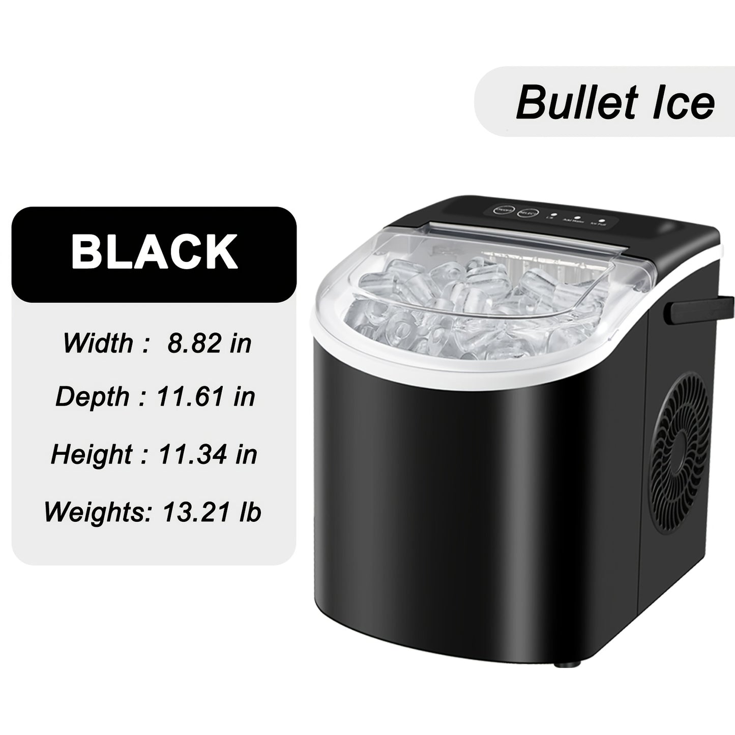 Máquina de hielo de mostrador con asa. Produce 11 kg de hielo en 24 horas y 9 cubitos de hielo en 6 minutos. Incluye canasta y pala para hielo.