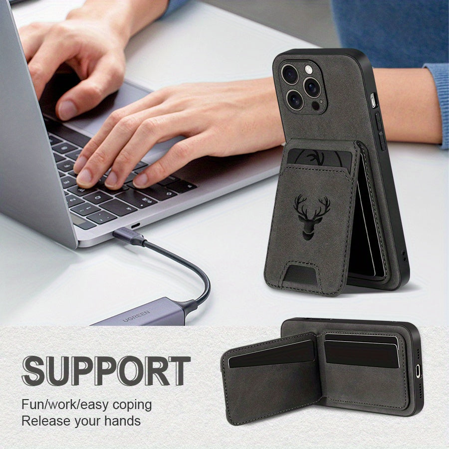 Funda tipo cartera compatible con iPhone 16E/16promax/15plus/14pro/13promax/12/11, piel sintética de lujo, tarjetero y soporte, diseño de alce.