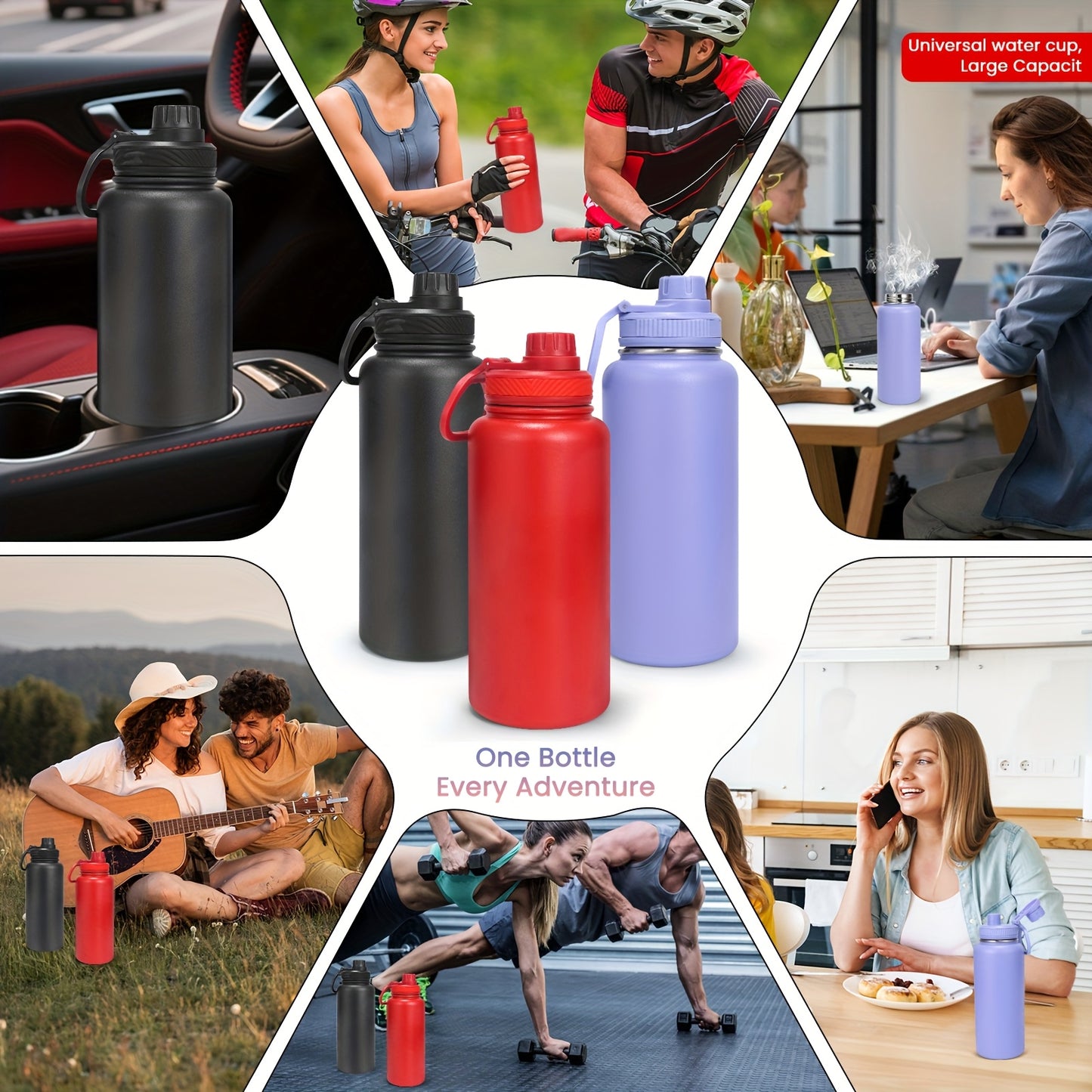 Botella de agua aislada de color sólido de 940 ml, botella deportiva al vacío de gran capacidad de 940 ml con vaso portátil de acero inoxidable a prueba de fugas, para acampar al aire libre, senderismo y conducción.