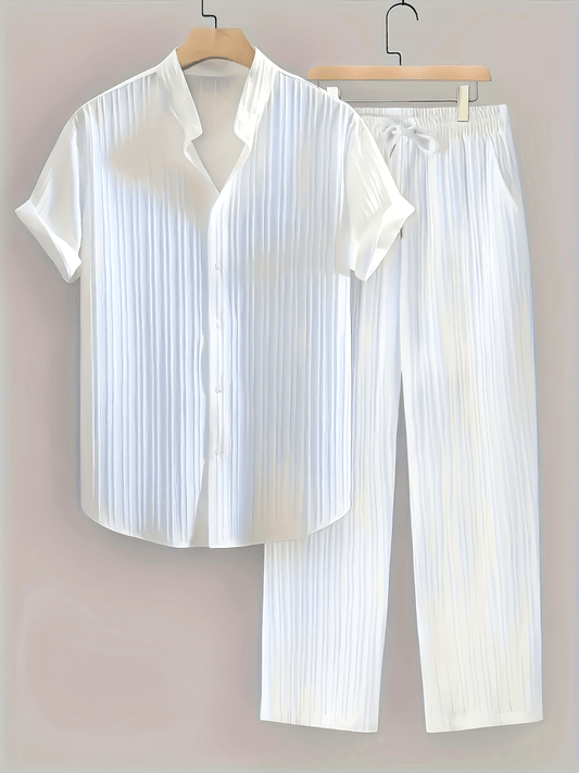 Conjunto de 2 piezas con estampado retro: corte holgado, manga corta, cuello solapa, camisa abotonada y pantalones cortos con cordón para hombre. Casual, transpirable, tejido de poliéster, perfecto para el verano.