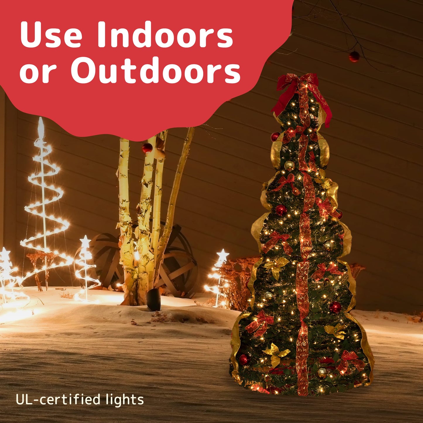 Árbol de Navidad PREXTEX de 1,8 m (6 pies) totalmente decorado, dorado y rojo, plegable, con 350 luces cálidas, lazos, adornos, hojas de acebo y más.