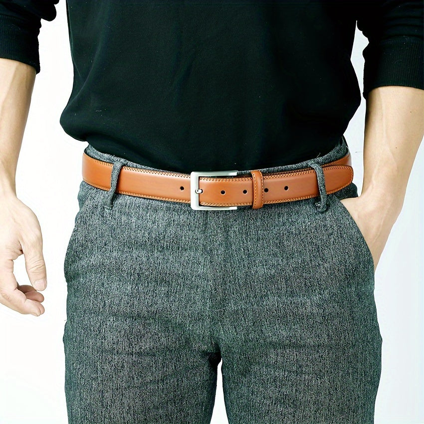 Cinturón de vestir de cuero genuino para hombre, estilo casual, con hebilla de acero inoxidable para negocios y trabajo.