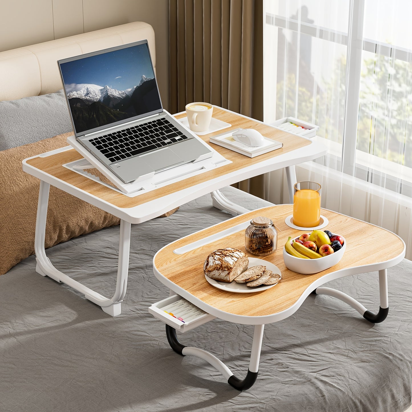Mesa de cama portátil para portátil con portavasos y bandeja multifuncional - Escritorio de noche plegable con ranura para tarjeta para tableta, diseño robusto en forma de A, ligero y compacto para comer, leer, escribir en